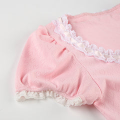 Lace Trim Bow Square Neck Puff Short Sleeve Tee