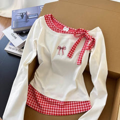 Aesthetic Bow Fake Two-piece Long Sleeve Tee - fairypeony