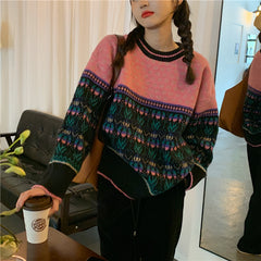 Vintage Jacquard Splice Knit Sweater - fairypeony