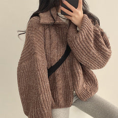 Cable Knit Oversized Zip Up Cardigan - fairypeony