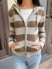 Womens Brown Striped Knit Cardigan