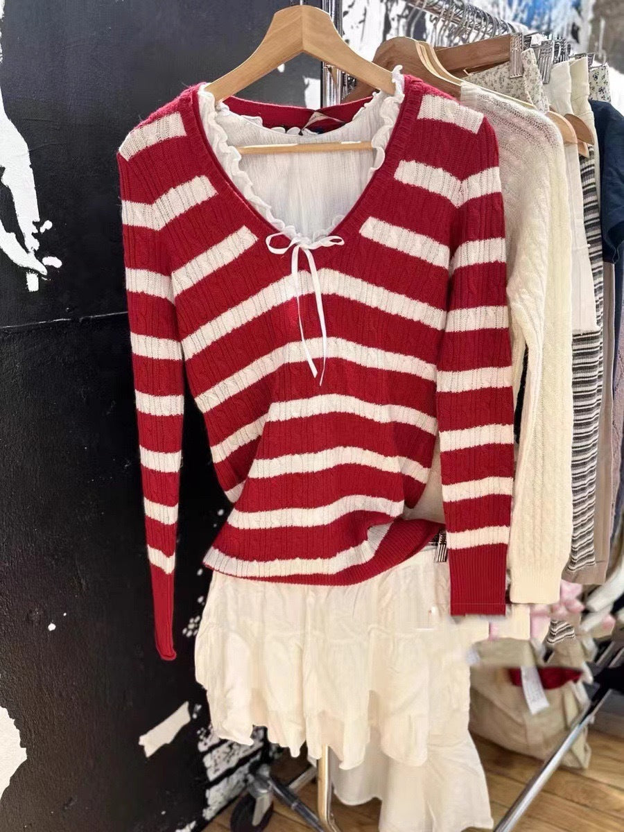 Loose V-neck Striped Cable knit Sweater - fairypeony