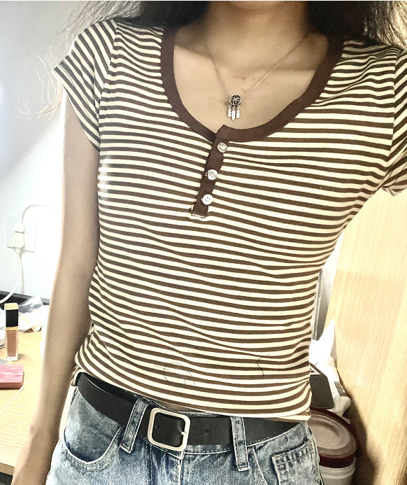 Vintage Striped Three button Slim T-shirt - fairypeony