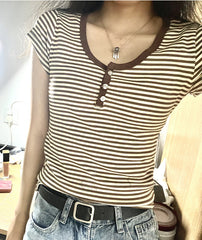 Vintage Striped Three button Slim T-shirt - fairypeony