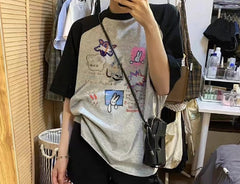 Cartoon Print Raglan Short Sleeve Tee