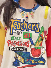 Cartoon Print Patchwork Oversized Short Sleeve Tee