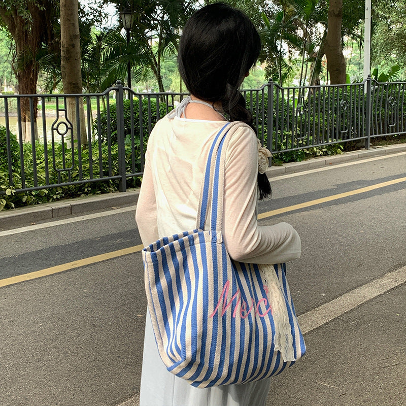 Large Capacity Striped Tote Bag - fairypeony