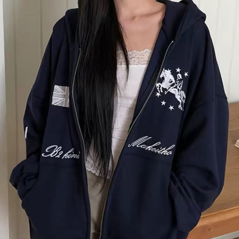 Embroidered oversized zip-up hoodie with horse print in navy blue, front view