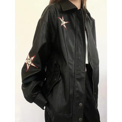 Vintage Embroidered Star Pu Leather Jacket - fairypeony