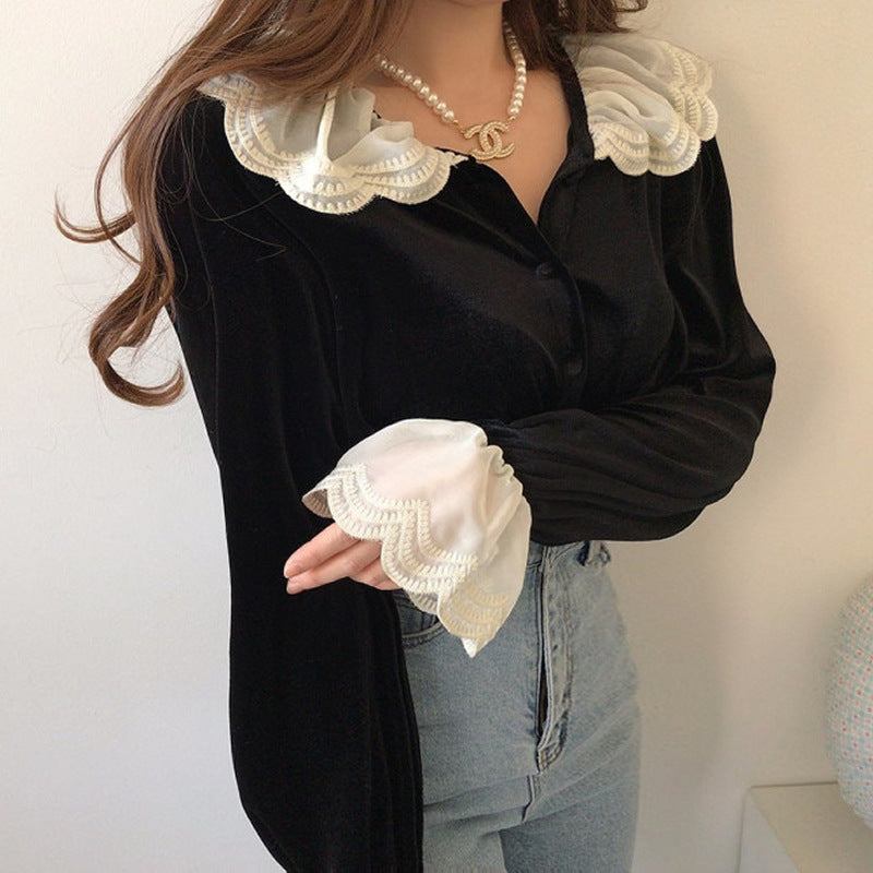 Vintage Velvet Lace Splice Long Sleeve Blouse - fairypeony
