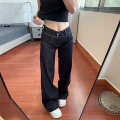 Women's Vintage Double Buckle Low Waist Flared Denim Jeans