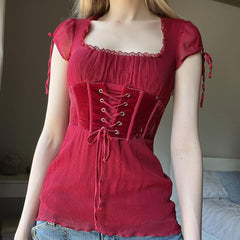 Lace Trim Square Collar Tie Corset Tee