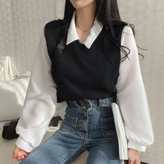 Polo Collar Patchwork Long Sleeve Blouse
