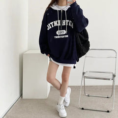 Vintage Letter Print Zipper Oversized Hoodie