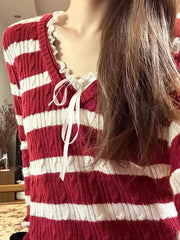 Loose V-neck Striped Cable knit Sweater - fairypeony