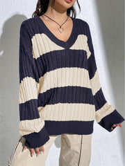 Casual Stripe Print Oversized Long Sleeve Sweater
