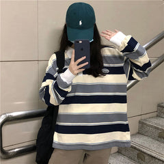 Polo Collar Stiped Oversized Long Sleeve Tee