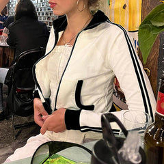 Side Striped Zip Up Long Sleeve Tee - fairypeony