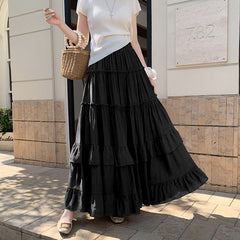 Aesthetic Solid Color Ruffled Maxi Skirt