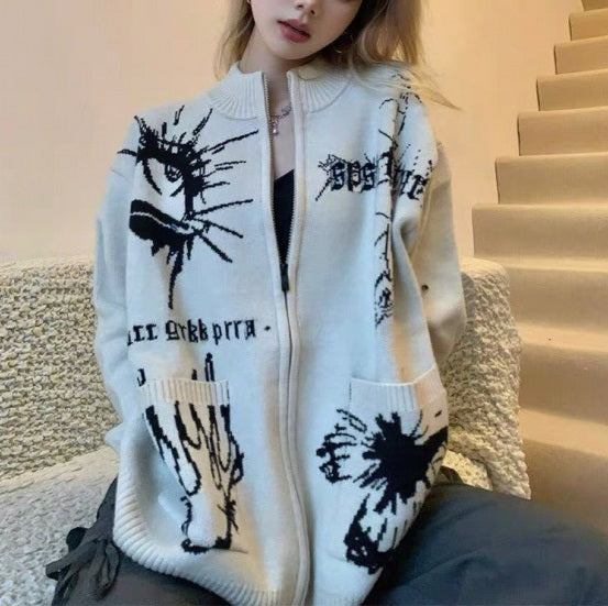 Different Print Big Pocket Knit Cardigan - fairypeony