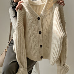 Solid V Neck Puff Sleeve Cable Knit Cardigan - fairypeony