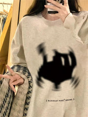 Black Cat Print Pullover Oversized Sweatshirt