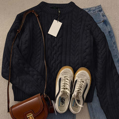 Vintage Round Neck Cable Knit Oversized Sweater