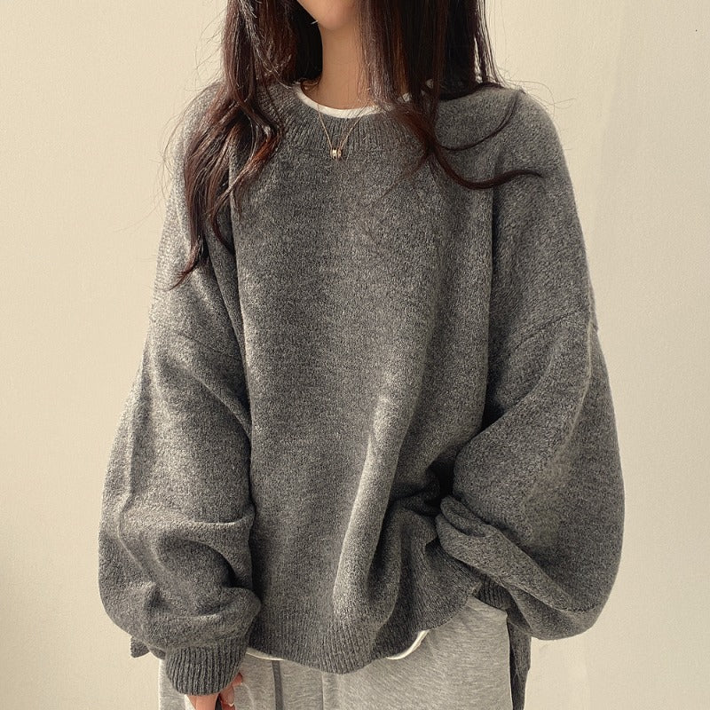 Oversized Split Hem Pullover Sweater - fairypeony