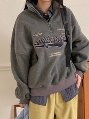 Half-Zip Fleece Sweatshirt Lapel Collar Loose Fit Long Sleeve Top