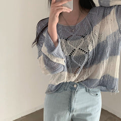 Vintage Cable Knit Striped Loose Knitted Tee