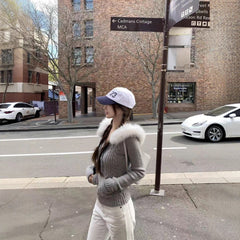 Twisted-knit hooded coat with a fluffy fur collar, slim-fit sweater for layering