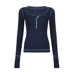 Vintage Embroidery Top-stitching Breasted Long Sleeve Tee - fairypeony