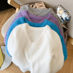 Elegant Solid Color V-Neck Soft Pullover Sweater for Women