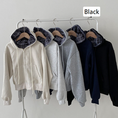Retro Chic Loose Fit Plaid Hooded Zipper Sweatshirt