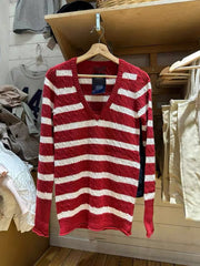 Loose V-neck Striped Cable knit Sweater - fairypeony