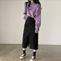 Round Neck Solid Color Pullover Sweater