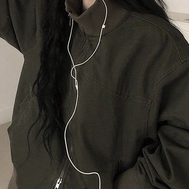 Vintage washed stand collar zip-up baseball jacket in army green, front view