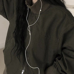 Vintage washed stand collar zip-up baseball jacket in army green, front view