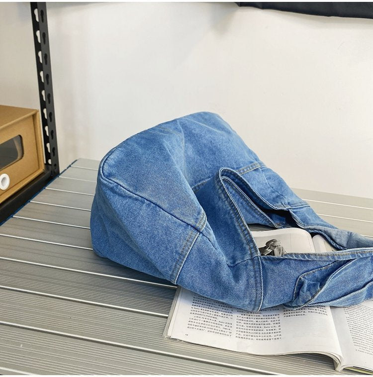 Large Washed Denim Crossbody Bag - fairypeony