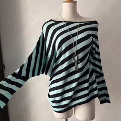 2000s Striped Loose V-Neck Top – Oversized Batwing Stripe Cardigan in Pink S–L