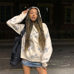 Oversized Star Print Zip Up Hoodie - fairypeony