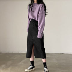 Round Neck Solid Color Pullover Sweater