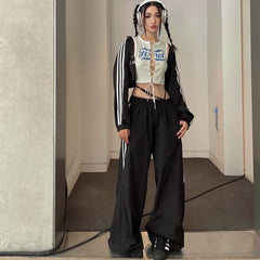 Side Striped Black Wide Leg Sweatpants - fairypeony