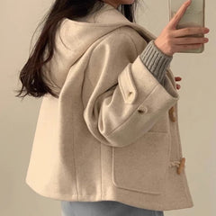 Horn Button Hooded Oversized Preppy Jacket