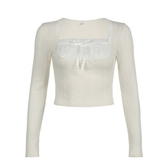 Lace Patchwork Bow Long Sleeve Knot Tee