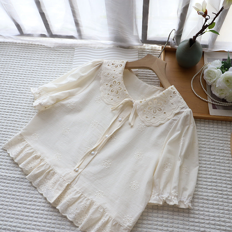 Aesthetic Doll Collar Jacquard Short Sleeve Blouse - fairypeony