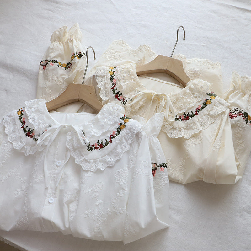 Embroidered Doll Collar Long Sleeve Blouse - fairypeony