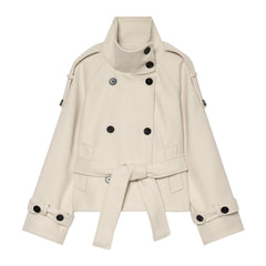 Double-Breasted Solid Color Long Sleeve Coat – Stand Collar Smart Casual Outerwear