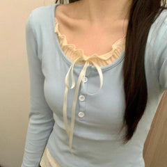 Ruffled Collar Bow Knot Long Sleeve Tee