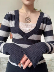 Retro Striped V-Neck Slim Sweater